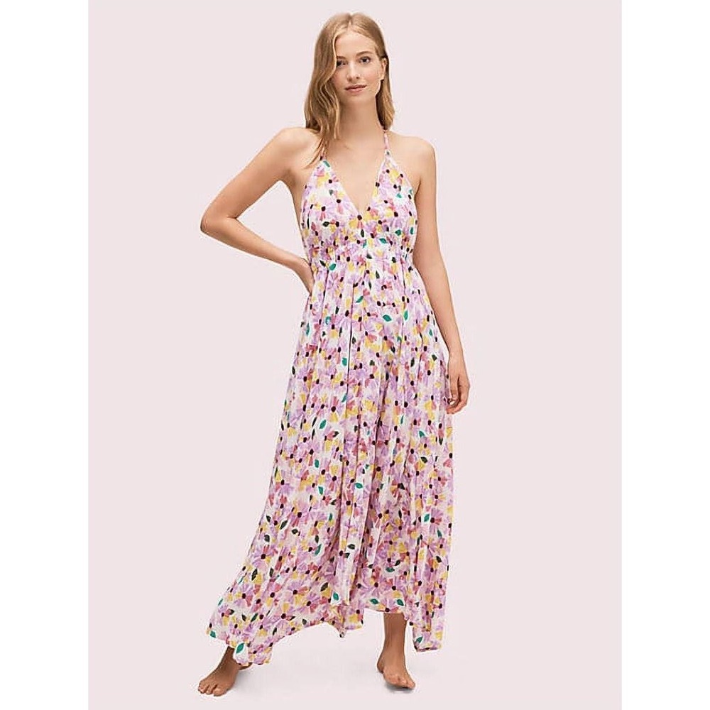 Kate Spade Maxi Dress Womens M Pink Floral Halter Handkerchief Hem Summer Boho